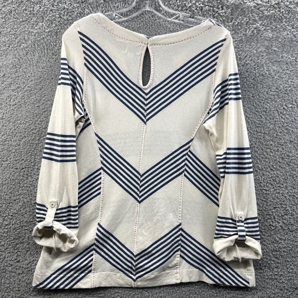 Postage Stamp Top Women's X Small Cream Striped Notch Collar Keyhole Back Top - Picture 2 of 8